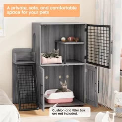 Modern Double Layer Hidden Litter Box Enclosure With Platform,Villa Cabinet With Ladder, Cat Washroom
