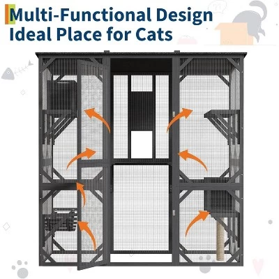 Acekool 70" Walk-In Wooden Outdoor Cat Enclosure With 4 Platforms, 2 Cat Houses, Hammock, Window Passage, 68" X 36.4" X 70" 4 Acekool 70" Walk-In Wooden Outdoor Cat Enclosure With 4 Platforms, 2 Cat Houses, Hammock, Window Passage, 68" X 36.4" X 70" - Image 4