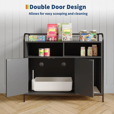 Cat Litter Box Enclosure With Metal Frame And Dual Storage Shelves 2 Cat Litter Box Enclosure With Metal Frame And Dual Storage Shelves - Image 2