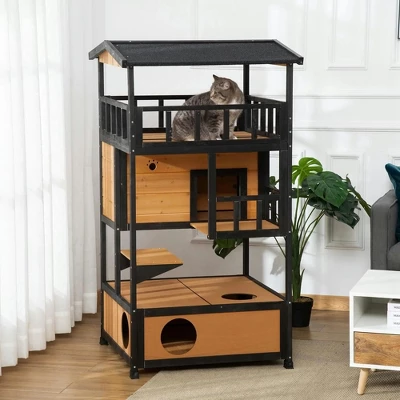 Resenkos Wooden Outdoor Cat House, Feral Cat Shelter Kitten Condo With Asphalt Roof, Escape Doors, Condo, Jumping Platform, Yellow 8 Resenkos Wooden Outdoor Cat House, Feral Cat Shelter Kitten Condo With Asphalt Roof, Escape Doors, Condo, Jumping Platform, Yellow - Image 8