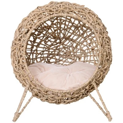 20.5in Weaved Cat Bed, Elevated Hand-woven Braided Banana Leaf Kitten House Condo With Cushion, Beige 2 20.5in Weaved Cat Bed, Elevated Hand-woven Braided Banana Leaf Kitten House Condo With Cushion, Beige - Image 2
