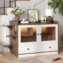 ModernLuxe Hidden Cat Litter Box Furniture With Drawer & Stairs, Wooden Cabinet Side Table With Glass Door, Brown+White (Fits Large Cats 41-70 Lbs) -BlueBuffalo Sales Store GUEST 663dc607 2d56 482c 9571 4ce284674321