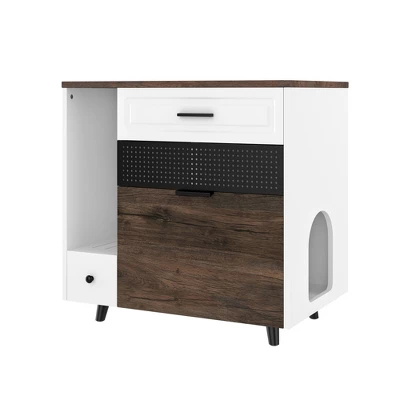 JUJABU Indoor Hidden Cat Litter Box Furniture With 2 Drawers & Door, Cat House End Table For Living Room - White & Brown 1 JUJABU Indoor Hidden Cat Litter Box Furniture With 2 Drawers & Door, Cat House End Table For Living Room - White & Brown
