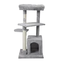 FURNIinspire Pet Tower Double Level Cat Tree Stand, Pet Tower Pet Furniture Kittens Activity Tower, Kitty Pet Play House, Gray, 15.7"*15.7"*31.4"