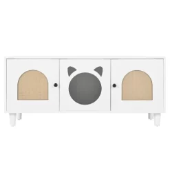 Akoasm Cabinet Furniture Style Cat Litter Box With Sisal Scratching Door-White