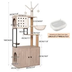 Kumasinova Modern Cat Tree Tower With Litter Box Enclosure,Cat Tower With Scratching Post&Feeding Bowl,Cat Trees With Removable Teaser Wand,Gray+White