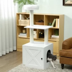 PawHut Cat Tree With Litter Box Enclosure For Indoor Cats With Scratching Posts, Bed, Climbing Platforms, Modern Style Pet Furniture, White