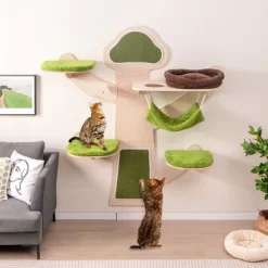 Tangkula Wall-Mounted Cat Tower W/ Bed Hammock Sisal Scratching Post & Mats Cushions