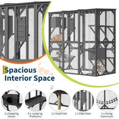Acekool 70" Walk-In Wooden Outdoor Cat Enclosure With 4 Platforms, 2 Cat Houses, Hammock, Window Passage, 68" X 36.4" X 70" 3 Acekool 70" Walk-In Wooden Outdoor Cat Enclosure With 4 Platforms, 2 Cat Houses, Hammock, Window Passage, 68" X 36.4" X 70" - Image 3