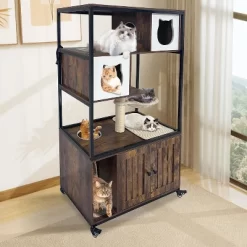 Litter Box Enclosure, Wooden Metal Frame Hidden Cat Washroom On Wheels With Hammock, Cat Tree With Litter Box Furniture, Cabinet