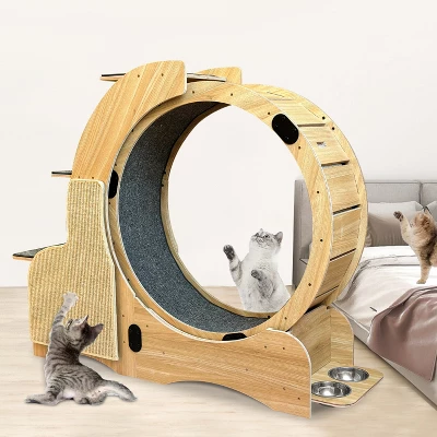 Cat Sports Running Wheel, Wooden Cat Exerciser Treadmill With Cat Scratching Board & Bowl, Cats Wheel Wood Climbing Frame For Indoor Cats 6 Cat Sports Running Wheel, Wooden Cat Exerciser Treadmill With Cat Scratching Board & Bowl, Cats Wheel Wood Climbing Frame For Indoor Cats - Image 6