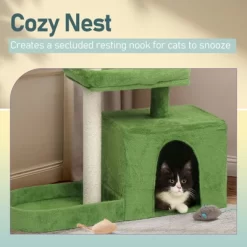 36in Cat Tree With Leaves, Multi-level Cat Tower With Cat Scratching Post Cozy Cat Condo, Padded Beds, Dangling Ball For Kittens And Indoor Cats Green