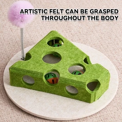 Cheese Shape Cat Toy With Track Balls And Spring Teaser – Interactive Felt Puzzle Box For Indoor Cats Anti-Slip Suction Base Green 3 Cheese Shape Cat Toy With Track Balls And Spring Teaser – Interactive Felt Puzzle Box For Indoor Cats Anti-Slip Suction Base Green - Image 3