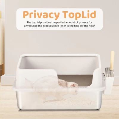 Phiestina Stainless Steel Cat Litter Box With Lid, Extra Large Pan With High Sides, Pedal Filter & Scoop, White 5 Phiestina Stainless Steel Cat Litter Box With Lid, Extra Large Pan With High Sides, Pedal Filter & Scoop, White - Image 5