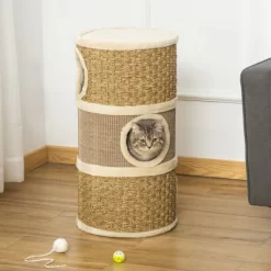 28 Inch Cat Condo, 3 Story Cat Hideaway With Sisal Scratching Pad, Barrel Shaped Small Cat Tree For Indoor Cats, Khaki And Brown -BlueBuffalo Sales Store GUEST 705a34e4 bf1e 4196 9081 bb56082d899e 1