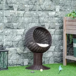 PawHut 27" Hooded Wicker Elevated Cat Bed Rattan Kitten Condo Round With Cushion