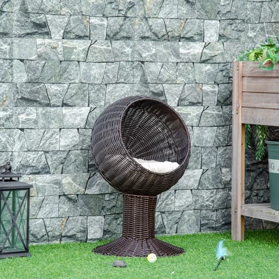 PawHut 27" Hooded Wicker Elevated Cat Bed Rattan Kitten Condo Round With Cushion 1 PawHut 27" Hooded Wicker Elevated Cat Bed Rattan Kitten Condo Round With Cushion