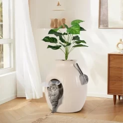 Tangkula Hidden Litter Box Plant Cat Litter Box Enclosure Furniture With Odor Removal System 4 Modes Lights Artificial Plant