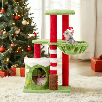 Phiestina 32in Cat Scratching Posts Tower, Christmas Themed Plush Cat Tree With Hammock, Cat Massage Brush, Activity Center For Indoor Cats 7 Phiestina 32in Cat Scratching Posts Tower, Christmas Themed Plush Cat Tree With Hammock, Cat Massage Brush, Activity Center For Indoor Cats - Image 7