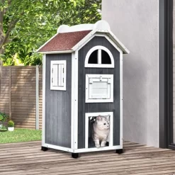 SKYONE 43"H Weatherproof 3-Floor Feral Cat Shelter: Fir Wood Outdoor/Indoor House With Hammock,