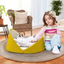 Hachikiko 2-in-1 Cat Bed - Convertible Semi-Enclosed Design/Windproof/Removable Washable For Cats & Small Dogs (Yellow, 40x32x13cm) -BlueBuffalo Sales Store GUEST 720ac677 f6f5 47a1 8406 71541c3cb464