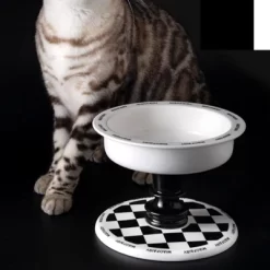 FairyLand™ - Elevated Ceramic Pet Bowl – Black & White Chess Design, Anti-Slip, Ergonomic Raised Feeder (6.9" Wide, 5.2" Tall)