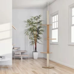 Resenkos Floor-to-Ceiling Cat Tree Cat Climbing Tower With Sisal-Covered Scratching Posts Natural Cat Tree Activity Center, Light Brown