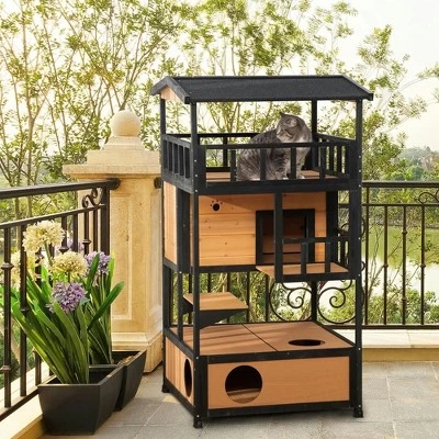 Resenkos Wooden Outdoor Cat House, Feral Cat Shelter Kitten Condo With Asphalt Roof, Escape Doors, Condo, Jumping Platform, Yellow 7 Resenkos Wooden Outdoor Cat House, Feral Cat Shelter Kitten Condo With Asphalt Roof, Escape Doors, Condo, Jumping Platform, Yellow - Image 7