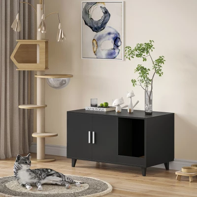 Akoasm 39.37 In. W Hidden Cat Litter Box Enclosure With Scratching Mat-Black 14 Akoasm 39.37 In. W Hidden Cat Litter Box Enclosure With Scratching Mat-Black - Image 14