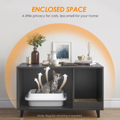 Akoasm 39.37 In. W Hidden Cat Litter Box Enclosure With Scratching Mat-Black 1 Akoasm 39.37 In. W Hidden Cat Litter Box Enclosure With Scratching Mat-Black