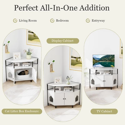 Tangkula Corner Cat Litter Box Enclosure End Table W/ Open Shelf 2 Entries Double Doors White 3 Tangkula Corner Cat Litter Box Enclosure End Table W/ Open Shelf 2 Entries Double Doors White - Image 3