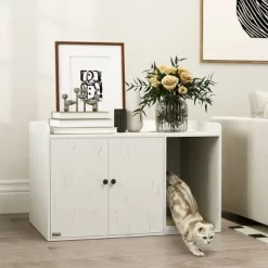 PawHut Cat Litter Box Enclosure, Hidden Washroom Furniture With Scratching Mat, Cat Hole, Indoor Pet House, 32" X 21" X 20", Distressed White