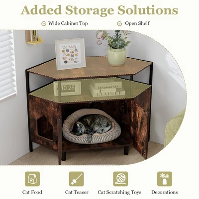 Tangkula Corner Cat Litter Box Enclosure End Table W/ Open Shelf 2 Entries Double Doors Rustic Brown 5 Tangkula Corner Cat Litter Box Enclosure End Table W/ Open Shelf 2 Entries Double Doors Rustic Brown - Image 5