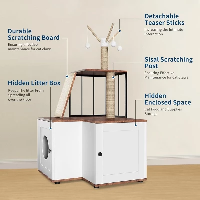 Wooden Cat Tree With Litter Box Enclosure 48.8", 2-in-1 Cat Tower With Storage Cabinet, Scratching Posts, Play Balls & Multi-Level Play Area 2 Wooden Cat Tree With Litter Box Enclosure 48.8", 2-in-1 Cat Tower With Storage Cabinet, Scratching Posts, Play Balls & Multi-Level Play Area - Image 2
