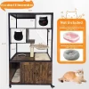 GustoWave Cat Litter Box Enclosure, Litter Box Furniture Hidden, Wooden Cat Washroom Furniture With Condo, Hammock, Brown