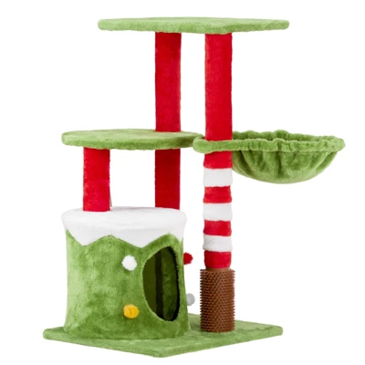 Phiestina 32in Cat Scratching Posts Tower, Christmas Themed Plush Cat Tree With Hammock, Cat Massage Brush, Activity Center For Indoor Cats 11 Phiestina 32in Cat Scratching Posts Tower, Christmas Themed Plush Cat Tree With Hammock, Cat Massage Brush, Activity Center For Indoor Cats - Image 11