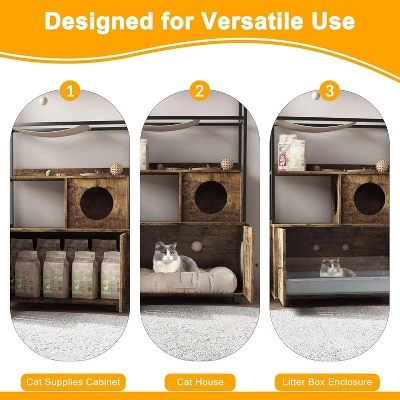 Acekool Metal Frame Cat Litter Box Enclosure With Storage Shelf And Play Features, Retro Brown 3 Acekool Metal Frame Cat Litter Box Enclosure With Storage Shelf And Play Features, Retro Brown - Image 3