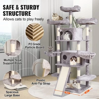 VEVOR Cat Tree For Indoor Cats, 68.5" Cat Tower With 2 Cat Condos, Sisal Scratching Post, Hammocks, Top Perches, Cat Furniture Activity Center 6 VEVOR Cat Tree For Indoor Cats, 68.5" Cat Tower With 2 Cat Condos, Sisal Scratching Post, Hammocks, Top Perches, Cat Furniture Activity Center - Image 6