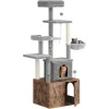 Cat Tree With Litter Box Enclosure, Large Wooden Cat Furniture, Condo, Hammock, Perch, Scratching Post, Brown