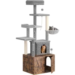 Cat Tree With Litter Box Enclosure, Large Wooden Cat Furniture, Condo, Hammock, Perch, Scratching Post, Brown