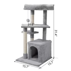 Kumasinova 2-Tier Cat Tower With Scratching Post,Modern Cat Tree With Cat House&Perch,Compact Cat Tree Tower For Indoor Cats,Light Gray