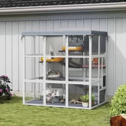 SKYONE Weatherproof Outdoor Catio: Spacious Fir Wood Enclosure With Hammock, Condo, Platforms,
