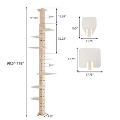 Kumasinova 115" Adjustable Height Floor To Ceiling Cat Tree,Multi-Level Vertical Cat Tower With Scratching Post,Natural Cat Furniture For Indoor Cats