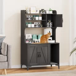 Large Cat Litter Box Enclosure Furniture - Farmhouse Style Pet House With 3 Open Shelves, Storage Cabinet & Scratch Pad - Modern Wood End Table -BlueBuffalo Sales Store GUEST 81208561 9aff 4163 a311 85af3c664225 1