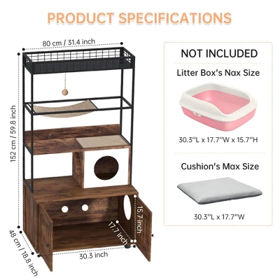 60'' Hidden Litter Box Furniture With Metal Frame Wood Cat Tower Cabinet With Litter Box Enclosure 7 60'' Hidden Litter Box Furniture With Metal Frame Wood Cat Tower Cabinet With Litter Box Enclosure - Image 7