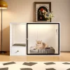 ATJafurn Cat Litter Box Enclosure Furniture Style, White Large Hidden LitterBox Cat Cabinet With Storage And Glass Door For Living Room