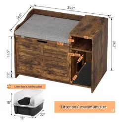 2-in-1 Hidden Litter Box Enclosure Furniture Cabinet, Wooden Pet House Side End Table With Storage&Cushion