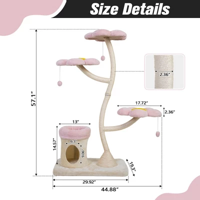 Flower-Shaped Cat Tree, With Blooming Platforms Bed, Condo, And Dangling Toys, Multi-Level Cat Tower For Indoor Cats, Modern, Pink & Beige 2 Flower-Shaped Cat Tree, With Blooming Platforms Bed, Condo, And Dangling Toys, Multi-Level Cat Tower For Indoor Cats, Modern, Pink & Beige - Image 2