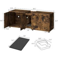 Double Cat Litter Box Enclosure 55.1",Hidden Litter Cabinet Furniture For 2 Cats With Rattan Doors