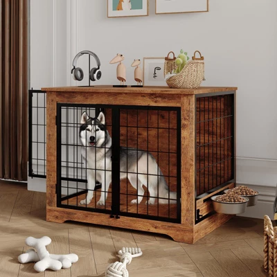 Dog Crate Furniture With 360° Rotating Feeder, Wooden Crate End Table With 2 Doors, Anti-Chew Anti-Escape, Heavy Duty Indoor Kennel Cage 7 Dog Crate Furniture With 360° Rotating Feeder, Wooden Crate End Table With 2 Doors, Anti-Chew Anti-Escape, Heavy Duty Indoor Kennel Cage - Image 7